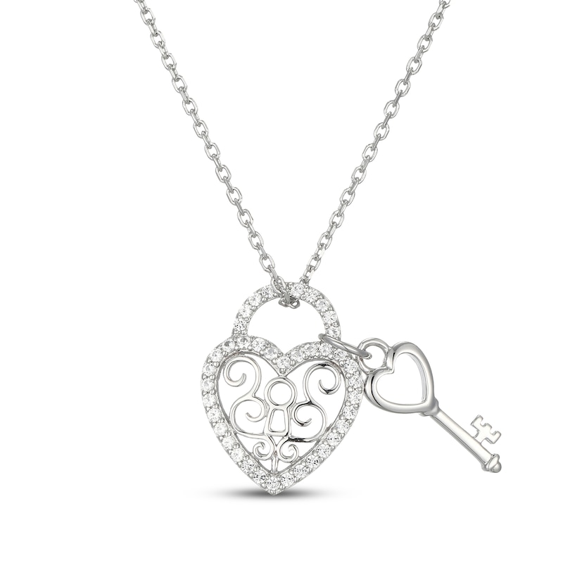 Main Image 1 of White Lab-Created Sapphire Heart-Shaped Filigree Lock & Key Charm Necklace Sterling Silver 18"