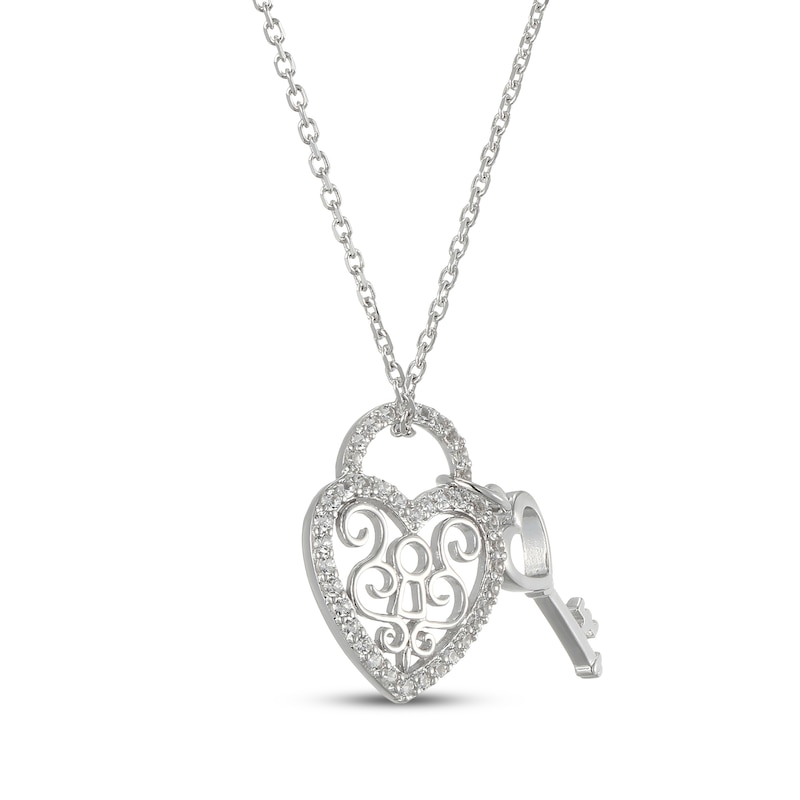 Main Image 2 of White Lab-Created Sapphire Heart-Shaped Filigree Lock & Key Charm Necklace Sterling Silver 18"