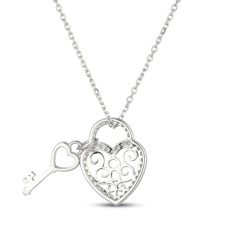 Main Image 3 of White Lab-Created Sapphire Heart-Shaped Filigree Lock & Key Charm Necklace Sterling Silver 18"