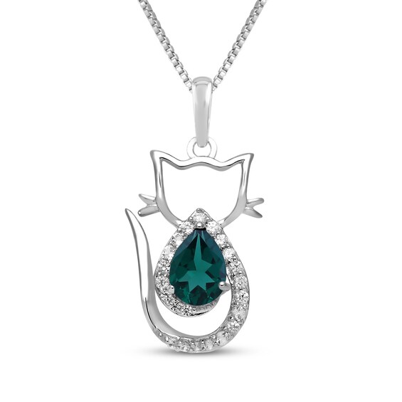 Pear-Shaped Lab-Created Emerald & White Lab-Created Sapphire Cat Necklace Sterling Silver 18"