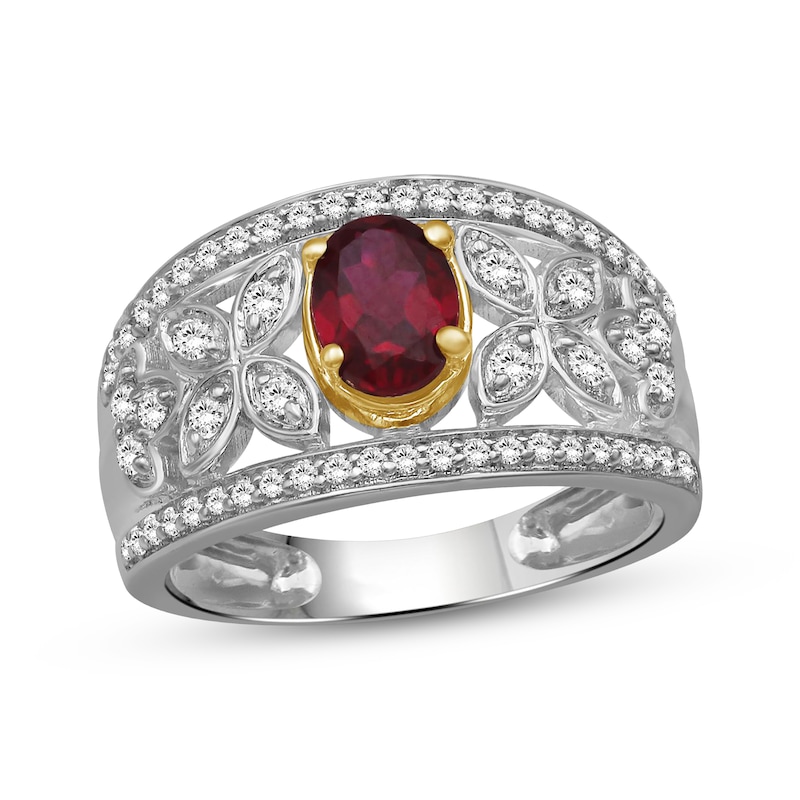 Main Image 1 of Oval-Cut Lab-Created Ruby & White Lab-Created Sapphire Ring Sterling Silver & 10K Yellow Gold