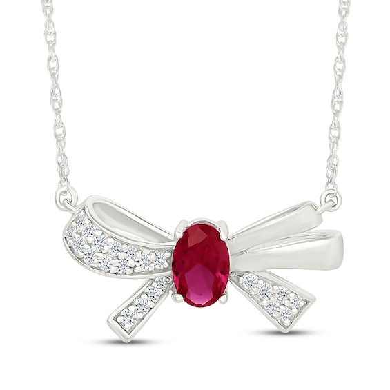 Oval-Cut Lab-Created Ruby & White Lab-Created Sapphire Bow Necklace Sterling Silver 18"