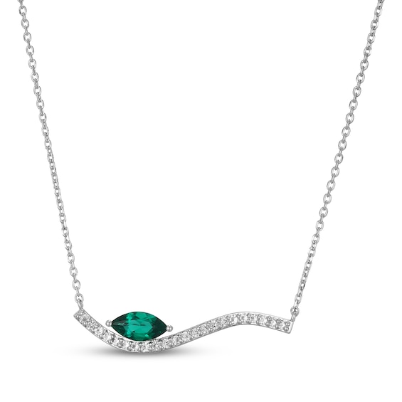 Marquise-Cut Lab-Created Emerald & White Lab-Created Sapphire Wave Bar Necklace Sterling Silver 18"