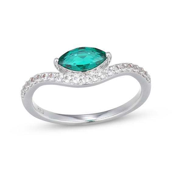 Marquise-Cut Lab-Created Emerald & White Lab-Created Sapphire Wave Fashion Ring Sterling Silver