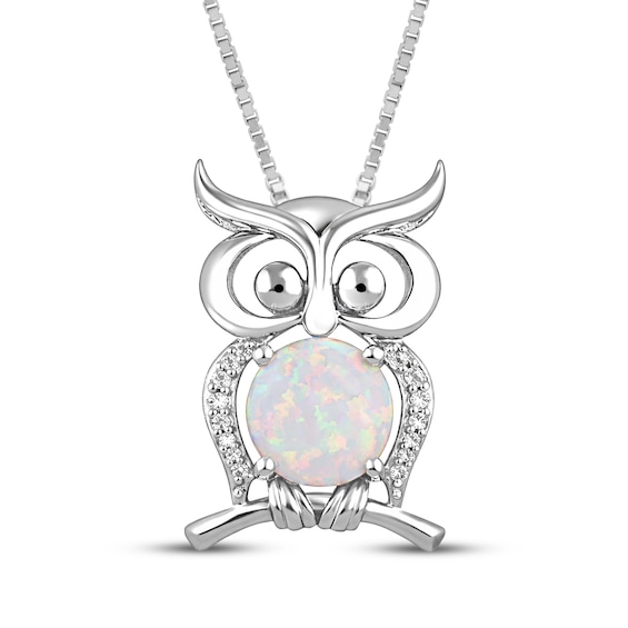 Lab-Created Opal & White Lab-Created Sapphire Owl Necklace Sterling Silver 18"