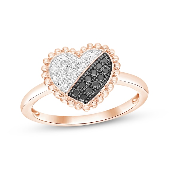 Black & White Diamond Beaded Heart Ring 1/8 ct tw 10K Rose Gold