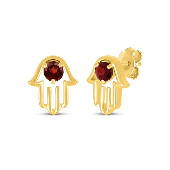 Natural Garnet Hamsa Stud Earrings 24K Yellow Gold Vermeil Sterling Silver