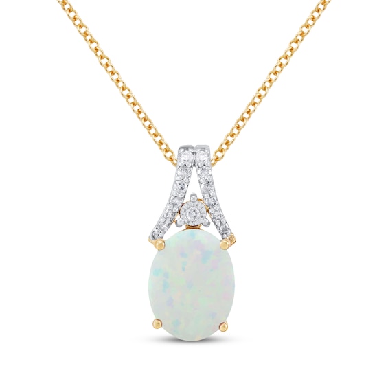 Oval Cabochon Lab-Created Opal & Diamond Necklace 1/15 ct tw 10K Yellow Gold 18"