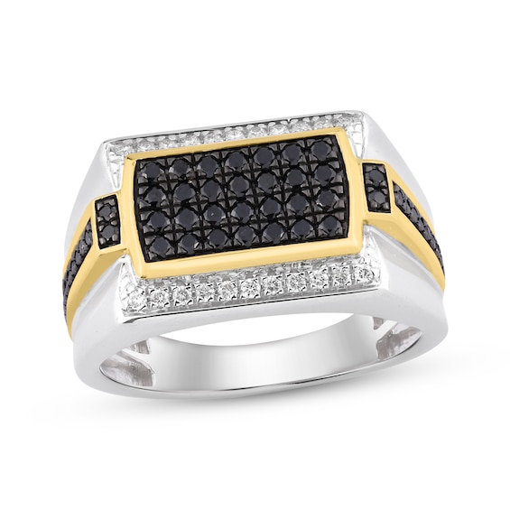Men's Black & White Diamond Signet Ring 3/4 ct tw Sterling Silver & 10K Yellow Gold