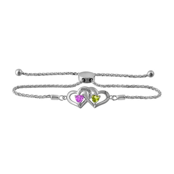 Birthstone Couple's Bolo Bracelet with Interlocking Hearts (2 Stones and Lines)