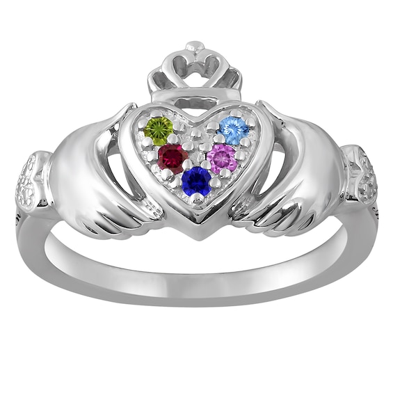 Birthstone Claddagh Family & Mother's Ring (1-5 Stones and 2 Lines)