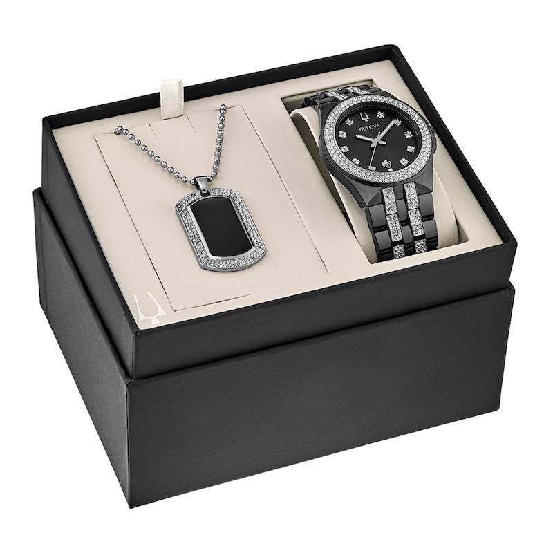 Bulova Men's Black IP Watch & Dog Tag Boxed Set 98K101