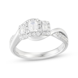 Adore Emerald-Cut Diamond Three-Stone Halo Engagement Ring 5/8 ct tw 14K White Gold