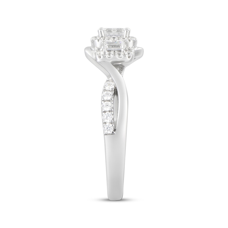 Main Image 2 of Emerald-Cut Diamond Three-Stone Halo Engagement Ring 5/8 ct tw 14K White Gold