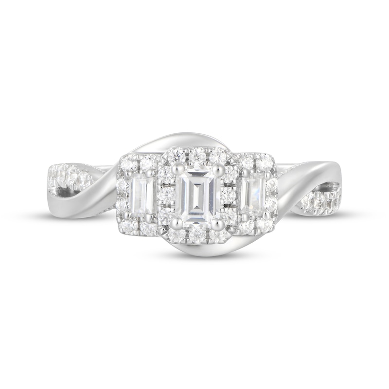 Main Image 4 of Emerald-Cut Diamond Three-Stone Halo Engagement Ring 5/8 ct tw 14K White Gold