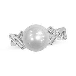 Cultured Pearl & White Lab-Created Sapphire Crossover Shank Ring Sterling Silver