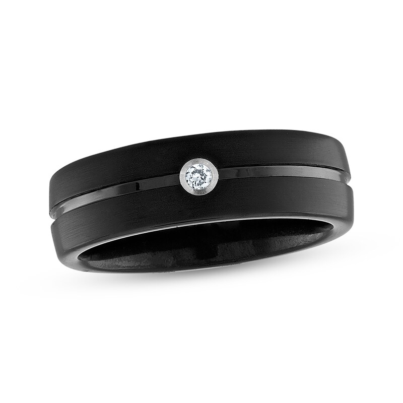 Main Image 1 of Men's Diamond Solitaire Brushed-Finish Wedding Band 1/20 ct tw Black Ion-Plated Tungsten Carbide