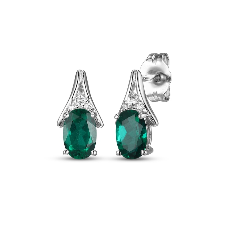 Main Image 1 of Oval-Cut Lab-Created Emerald & White Lab-Created Sapphire Drop Earrings Sterling Silver