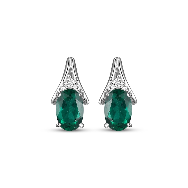Main Image 2 of Oval-Cut Lab-Created Emerald & White Lab-Created Sapphire Drop Earrings Sterling Silver