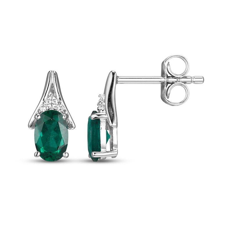 Main Image 3 of Oval-Cut Lab-Created Emerald & White Lab-Created Sapphire Drop Earrings Sterling Silver