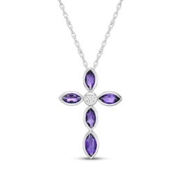 Marquise-Cut Amethyst & White Lab-Created Sapphire Cross Necklace Sterling Silver 18"