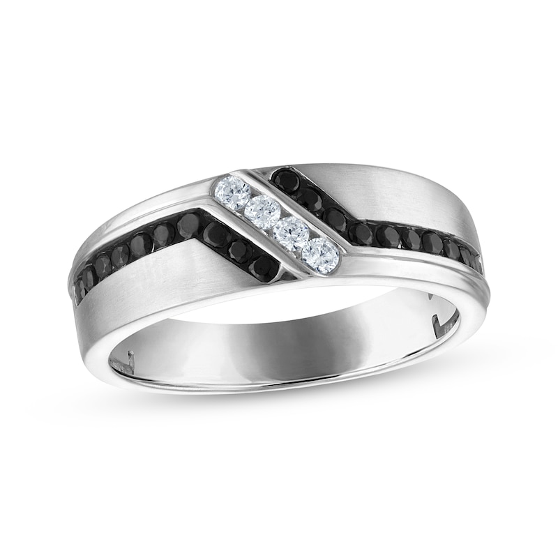 Main Image 1 of Adore Men's Black & White Diamond Satin Finish Wedding Band 1/2 ct tw 10K White Gold