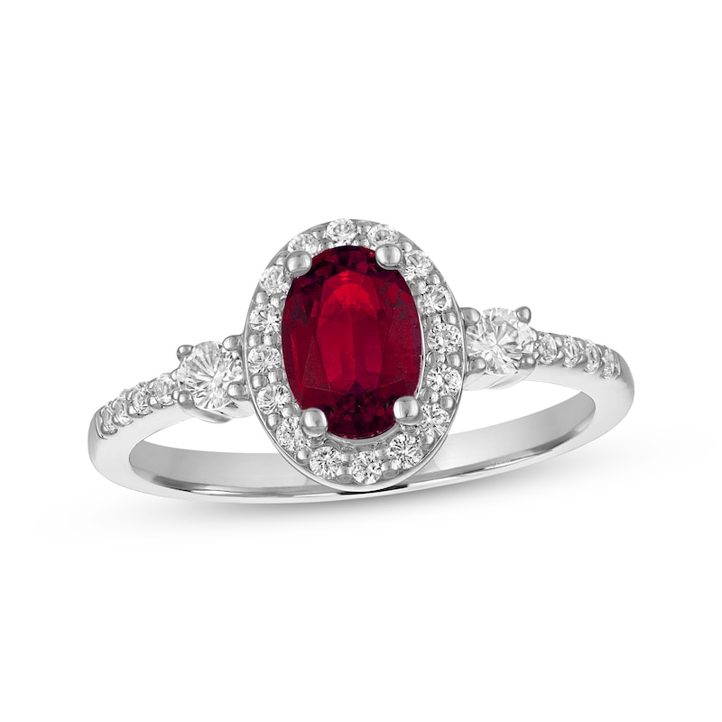 Main Image 1 of Oval-Cut Lab-Created Ruby & White Lab-Created Sapphire Ring Sterling Silver