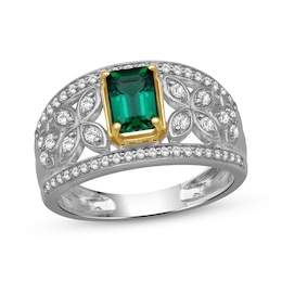 Emerald-Cut Lab-Created Emerald & White Lab-Created Sapphire Ring Sterling Silver & 10K Yellow Gold