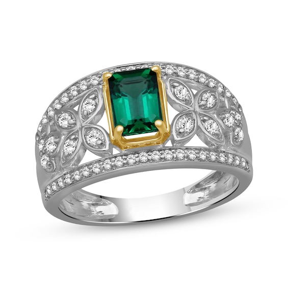 Emerald-Cut Lab-Created Emerald & White Lab-Created Sapphire Ring Sterling Silver & 10K Yellow Gold