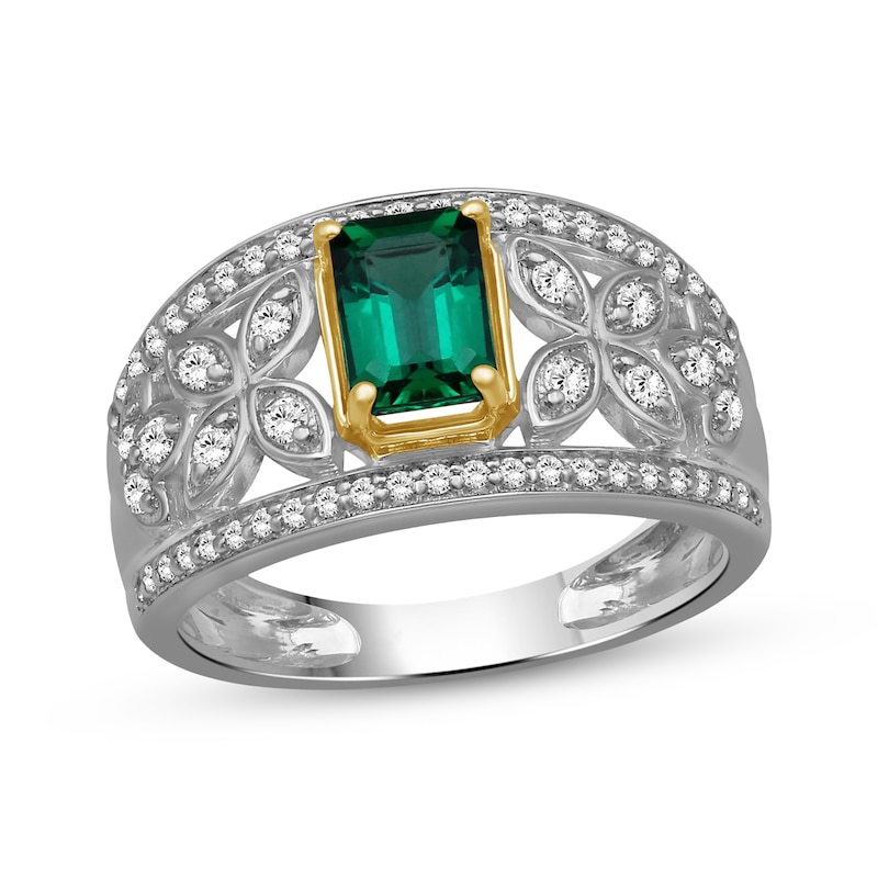 Main Image 1 of Emerald-Cut Lab-Created Emerald & White Lab-Created Sapphire Ring Sterling Silver & 10K Yellow Gold