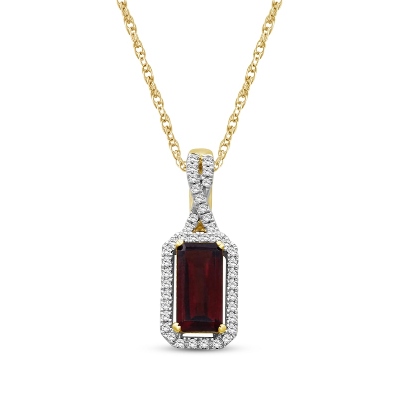 Main Image 1 of Emerald-Cut Garnet & Diamond Necklace 1/10 ct tw 10K Yellow Gold 18"