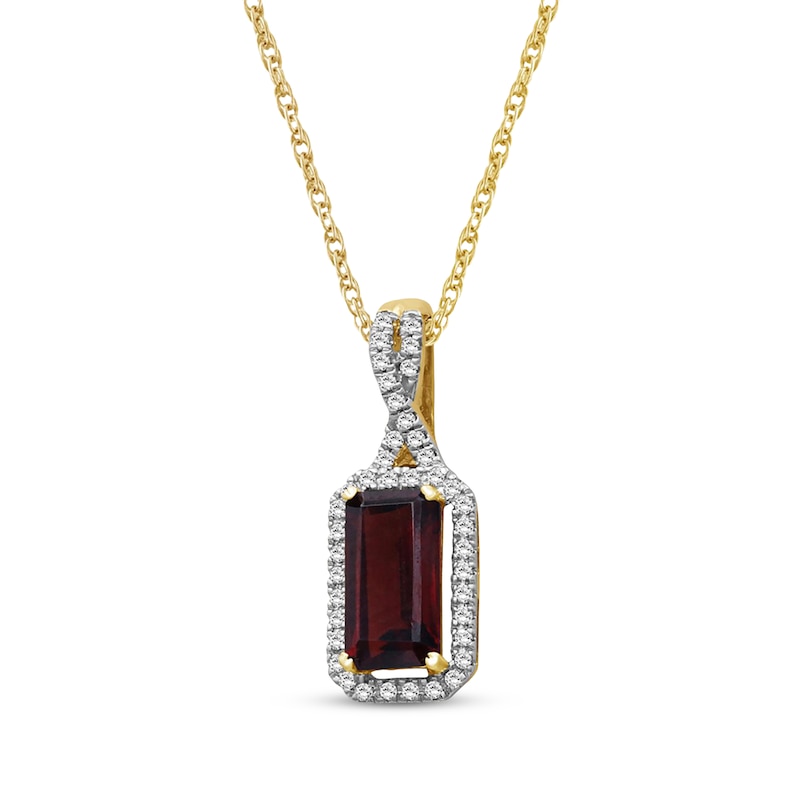 Main Image 2 of Emerald-Cut Garnet & Diamond Necklace 1/10 ct tw 10K Yellow Gold 18"