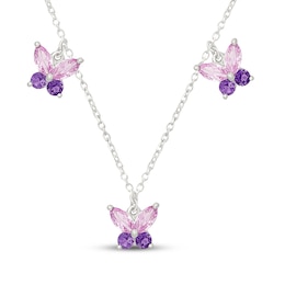 Amethyst & Marquise-Cut Pink Lab-Created Sapphire Butterfly Station Dangle Necklace Sterling Silver 18"