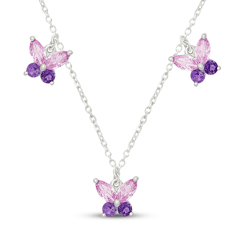 Main Image 1 of Amethyst & Marquise-Cut Pink Lab-Created Sapphire Butterfly Station Dangle Necklace Sterling Silver 18"