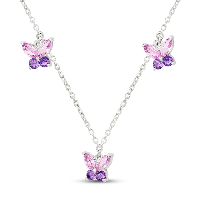 Main Image 2 of Amethyst & Marquise-Cut Pink Lab-Created Sapphire Butterfly Station Dangle Necklace Sterling Silver 18"