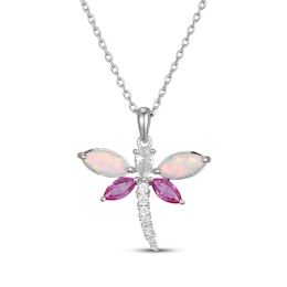 Multi-Shape Pink & White Lab-Created Sapphire, Lab-Created Opal Dragonfly Necklace Sterling Silver 18"