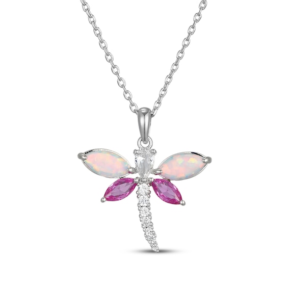 Multi-Shape Pink & White Lab-Created Sapphire, Lab-Created Opal Dragonfly Necklace Sterling Silver 18"