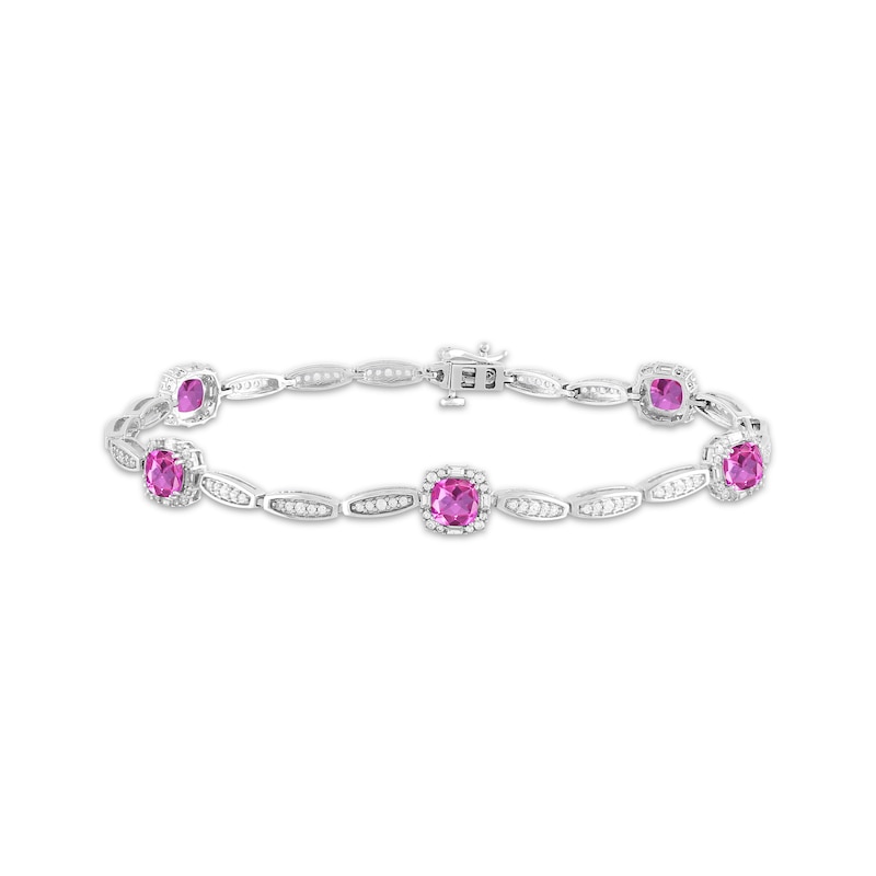 Main Image 1 of Cushion-Cut Pink Lab-Created Sapphire & White Lab-Created Sapphire Fashion Bracelet Sterling Silver 7.5"