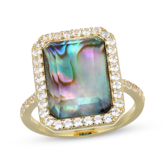 Emerald-Cut Natural Abalone Shell Doublet & White Lab-Created Sapphire Ring 18K Yellow Gold-Plated Sterling Silver