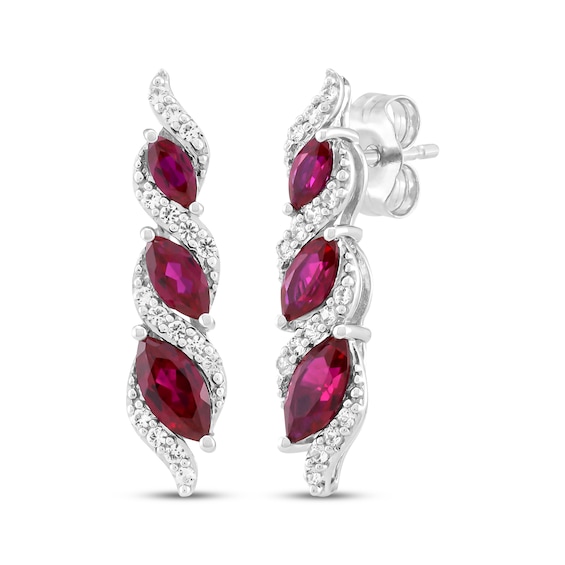 Marquise-Cut Lab-Created Ruby & White Lab-Created Sapphire Graduated Three-Stone Drop Earrings Sterling Silver