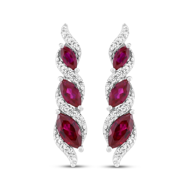Main Image 2 of Marquise-Cut Lab-Created Ruby & White Lab-Created Sapphire Graduated Three-Stone Drop Earrings Sterling Silver