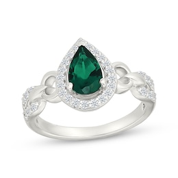 Pear-Shaped Lab-Created Emerald & White Lab-Created Sapphire Halo Ring Sterling SIlver