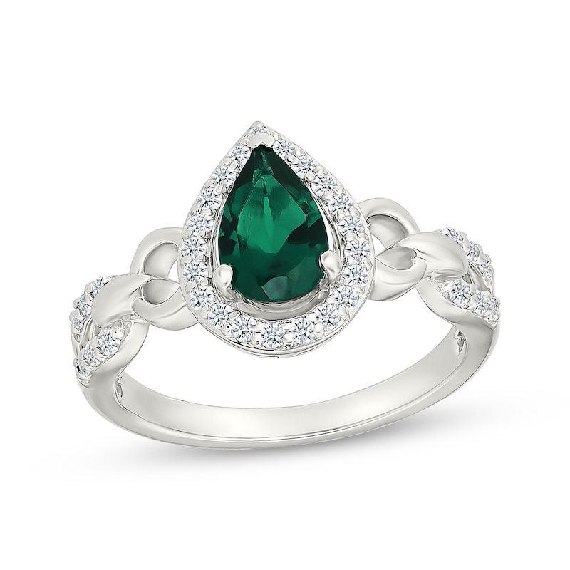 Main Image 1 of Pear-Shaped Lab-Created Emerald & White Lab-Created Sapphire Halo Ring Sterling SIlver