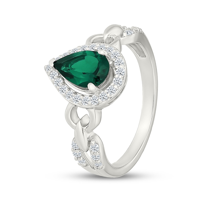 Main Image 2 of Pear-Shaped Lab-Created Emerald & White Lab-Created Sapphire Halo Ring Sterling SIlver