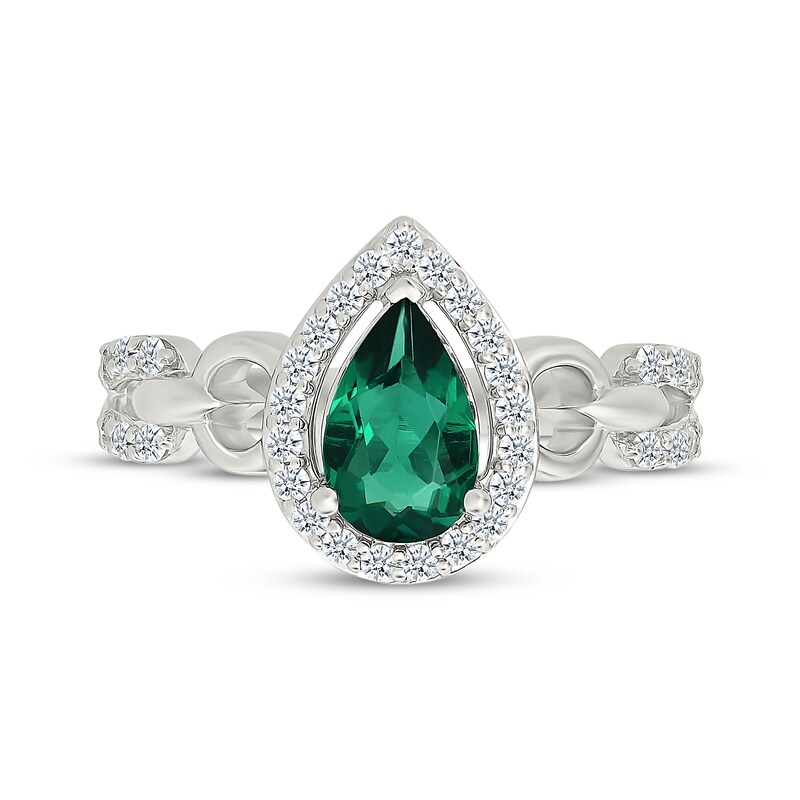 Main Image 4 of Pear-Shaped Lab-Created Emerald & White Lab-Created Sapphire Halo Ring Sterling SIlver