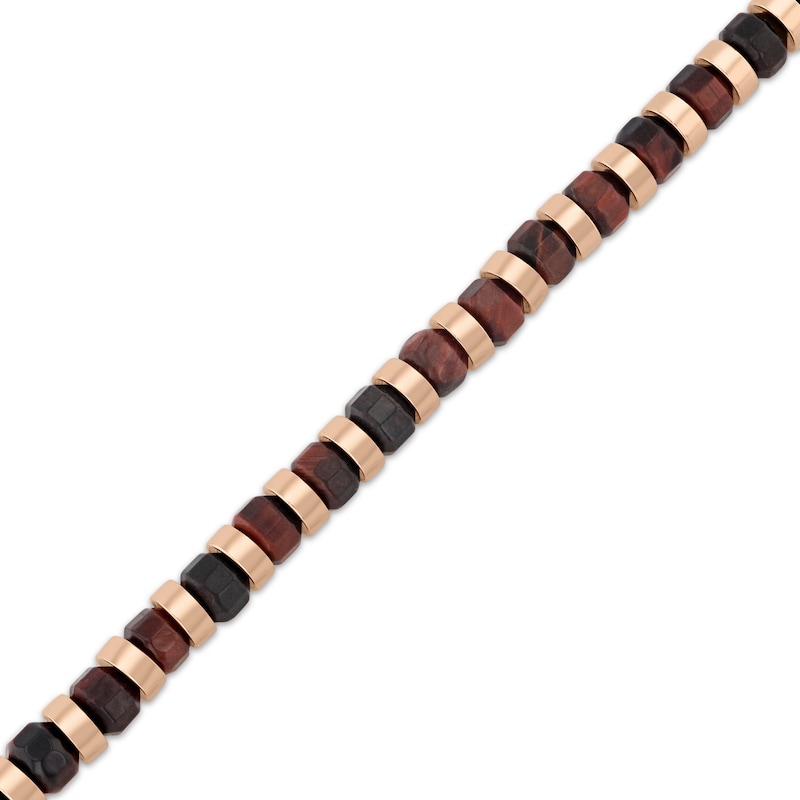 Main Image 2 of Men's Tiger's Eye Quartz Bead Bracelet Rose Ion-Plated Stainless Steel 8.5"