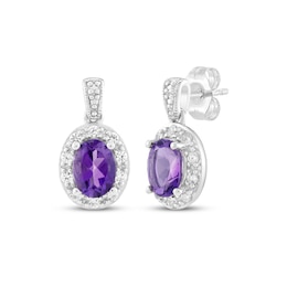 Oval-Cut Amethyst & White Lab-Created Sapphire Halo Drop Earrings Sterling Silver
