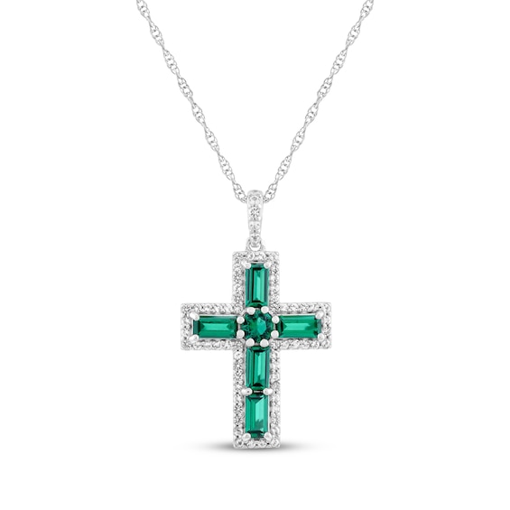 Baguette-Cut Lab-Created Emerald & White Lab-Created Sapphire Cross Necklace Sterling Silver 18"