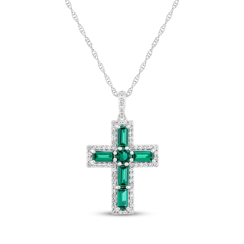 Main Image 1 of Baguette-Cut Lab-Created Emerald & White Lab-Created Sapphire Cross Necklace Sterling Silver 18"