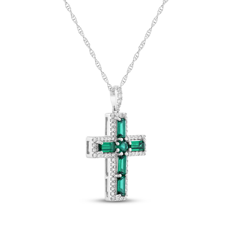 Main Image 2 of Baguette-Cut Lab-Created Emerald & White Lab-Created Sapphire Cross Necklace Sterling Silver 18"